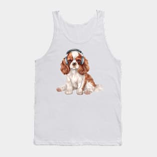 Watercolor Cavalier King Charles Spaniel Dog with Headphones Tank Top